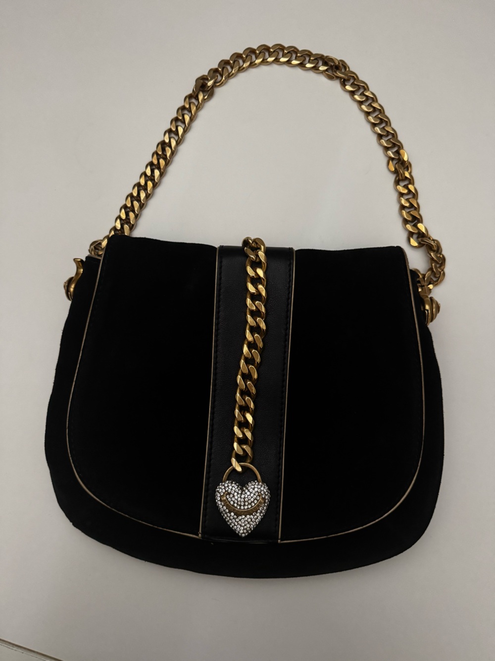 Juicy Couture Black Suede Shoulder Bag with Gold Chain and Crystal Heart Charm